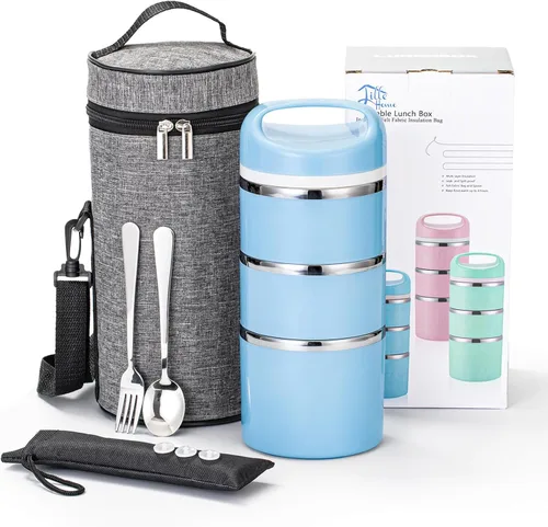 Miniatura 11 de Lille Home Contenedores de Almuerzo Apilables de Acero Inoxidable, Capacidad de 43OZ 3 Capas Caja Bento a Prueba de Fugas para Adultos, Lonchera