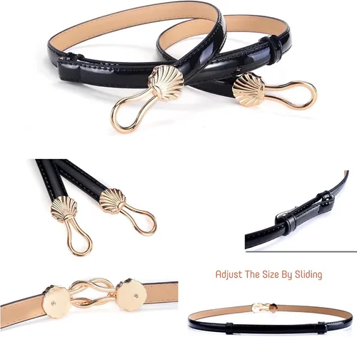 Miniatura 8 de Cinturón ajustado de piel de charol para mujer, cinturón de cintura ajustable con hebilla de aleación de color dorado sólido