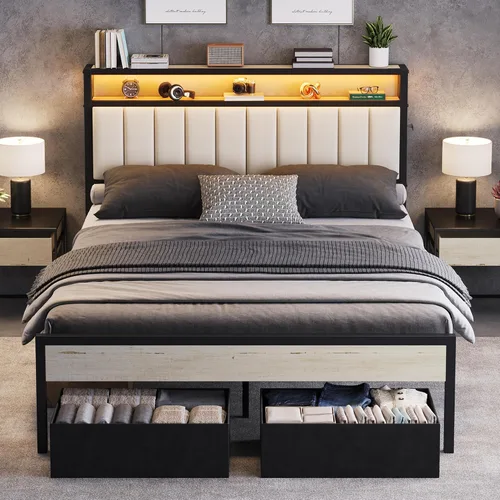 Miniatura 18 de AMERLIFE Base de cama individual con luz LED y 2 cajones de almacenamiento, plataforma de metal con cabecera de almacenamiento, tapizada