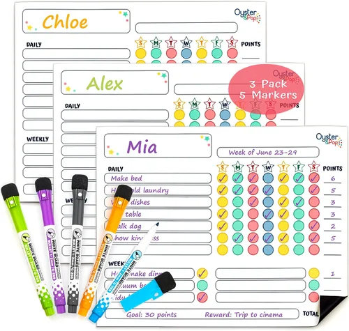 Gráficos magnéticos de tareas galardonadas para niños, paquete de 3 tablas de responsabilidad y comportamiento de borrado en seco para varios niños,
