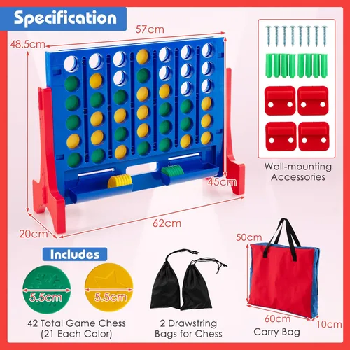 Miniatura 9 de COSTWAY - Juego gigante de 4 en línea con bolsa de transporte de almacenamiento, juego Jumbo de 4 en fila con ajedrez, deslizador de liberación