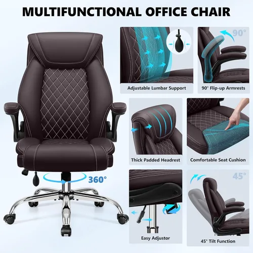 Miniatura 8 de Silla de oficina, silla de escritorio ergonómica grande y alta, silla ejecutiva de cuero para computadora con soporte lumbar ajustable, cómoda silla