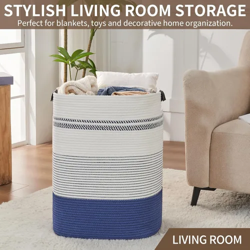 Miniatura 7 de AINUOQI Cesta de lavandería grande – Cesta alta de cuerda tejida con asas de cuero – Cesta de ropa sucia para sala de estar, dormitorio, 17.8 x 13.8