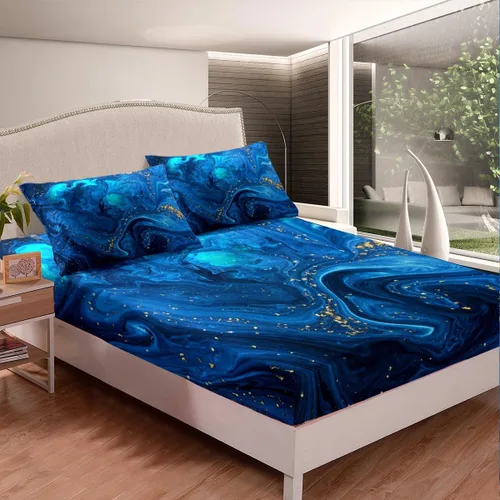 Miniatura 2 de Erosebridal Sábana bajera ajustable con patrón de piedra azul con estampado de mármol azul, juego de ropa de cama líquida trippy para niños, niñas