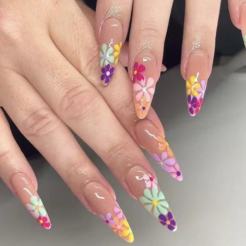 Miniatura 19 de Uñas postizas ovaladas a presión con puntas francesas, juego de uñas postizas cortas de flores artificiales, uñas postizas acrílicas con diseños
