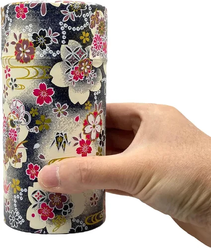 Miniatura 3 de 野口熊太郎茶園 Bote de té japonés Hanatsudumi (tambor de flores) azul oscuro negro/doble tapa/papel washi japonés pegado/7.05 oz capacidad de té/hojas