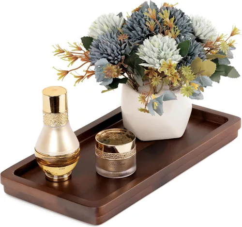 Miniatura 9 de Bandeja de tocador de baño de 11.8 x 5.9 pulgadas de madera de acacia natural, elegante organizador para cosméticos, joyas, perfumes, velas, llaves.