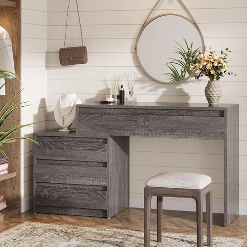 Miniatura 6 de Tribesigns Escritorio de tocador de 63 pulgadas con 5 cajones, mesa de maquillaje con armario de 3 cajones, moderno y grande para mujeres y niñas