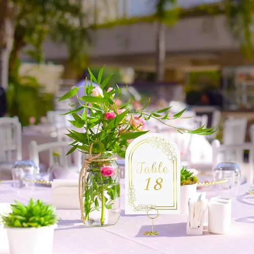 Miniatura 7 de JOYIT 21 juegos de tarjetas de mesa de boda del 1 al 20 y de la mesa principal con 21 soportes de números de mesas, tarjetas de números de oro negro