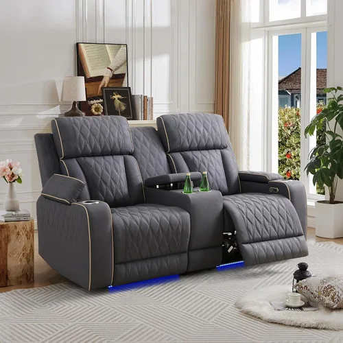 Miniatura 10 de Juego de 3 piezas para sala de estar, sofá reclinable eléctrico de cuero con puertos USB, iluminación LED y portavasos, asientos de cine en casa
