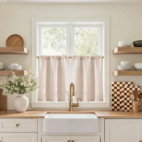Miniatura 94 de jinchan - Cortinas de lino a rayas para cocina de 20 pulgadas de largo, cortinas de varios niveles, estilo granja moderna de café, tratamientos