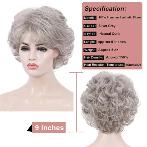 Miniatura 4 de Kalyss Peluca Corta Rizada Ondulada de 10" con Flequillo de Cabello Sintético Premium Resistente al Calor Pelucas Cortas con Aspecto de los Años 70
