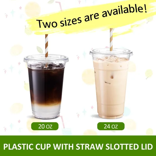 Miniatura 4 de Eupako Vasos de plástico de 24 onzas con tapas, transparentes desechables para llevar con tapas para café helado, bebidas frías, batidos, Bubble