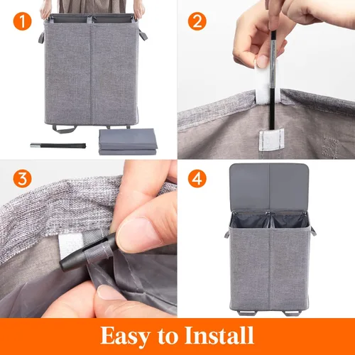 Miniatura 3 de Lifewit Cesta doble para la ropa sucia con tapa y bolsas de lavandería extraíbles, gran plegable, 2 divisores, cesta de ropa sucia con asas para Gris