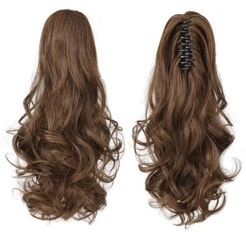 Miniatura 6 de Extensiones de cabello castaño para mujer, pinza de extensiones de cola de caballo, postizo rizado de 16 pulgadas, extensiones de cola de caballo