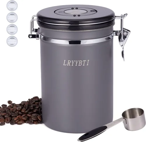Miniatura 9 de Recipientes de café con ventana, cuchara y tapa hermética de acero inoxidable para almacenamiento de granos de café en la cocina (22 oz/negro)