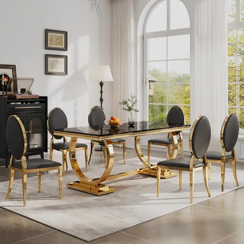 Miniatura 18 de Juego de mesa de comedor de 7 piezas, mesa de cocina de lujo de mármol sintético blanco de 70 pulgadas y 6 sillas copetudas de terciopelo beige
