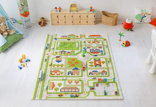 Miniatura 9 de IVI Alfombra de juego gruesa 3D para niños con diseño de ciudad colorida con campo de fútbol, estacionamiento y carreteras, azul, 32 x 45 pulgadas