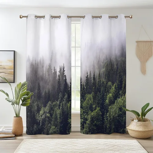 Renaiss - Cortinas opacas verdes con diseño de bosque natural, cortinas de oscurecimiento para habitación con bosque neblinoso para dormitorio,