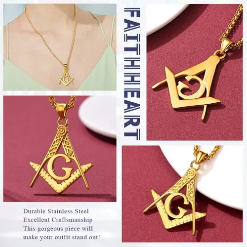 Miniatura 5 de FaithHeart Collar masónico para hombre, símbolo de brújula masona, chapado en oro de 18 quilates, acero inoxidable, libre y aceptado, joyería