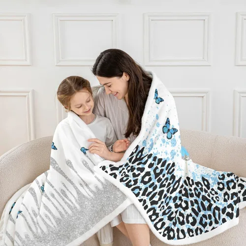 Miniatura 2 de Manfei Manta de mariposa azul con purpurina plateada para sofá, manta de cama con estampado de leopardo azul para niños y niñas, decoración