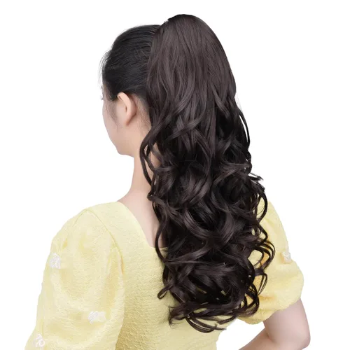 Miniatura 3 de Cola de caballo sintética con clip marrón, cola de caballo falsa de 22 pulgadas, 5.3 onzas, extensiones de cabello negro ondulado, extensiones