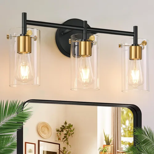 Miniatura 9 de Lámparas de baño de 3 luces actualización 2023, luces de tocador modernas de bronce frotado con aceite con pantalla de vidrio transparente, apliques