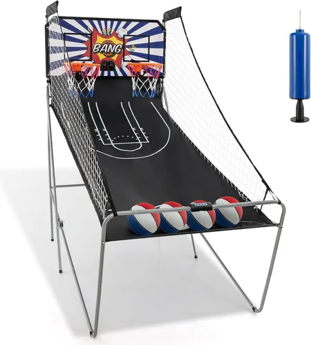 Giantex Juego de arcade de baloncesto plegable, juego de arcade de baloncesto electrónico de doble disparo con 8 modos de juego, 4 bolas, 2 aros,