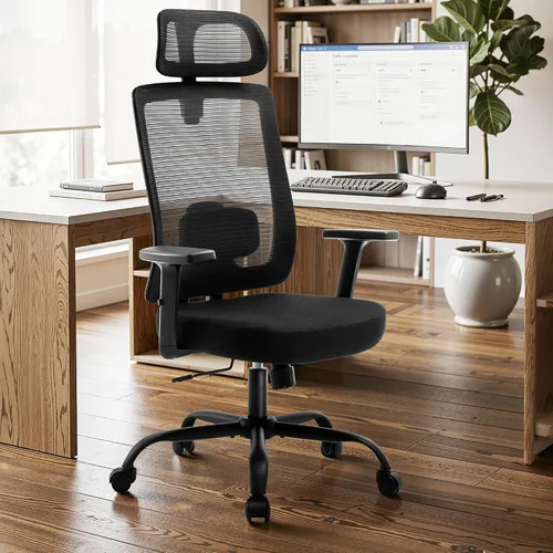 Miniatura 8 de Shintenchi Silla de oficina de malla, silla ergonómica de escritorio de oficina en casa con soporte lumbar ajustable, reposacabezas, inclinación