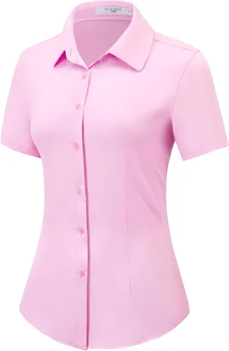 Miniatura 12 de Camisas con botones para mujer, de manga corta, elásticas, sin arrugas, para negocios, casual, oficina, blusa de trabajo