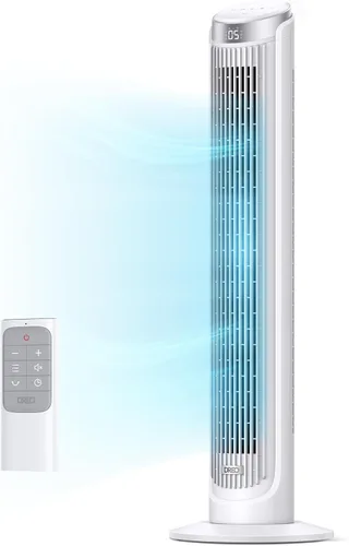 DREO Ventilador de torre para dormitorio, ventiladores oscilantes de 90° que soplan aire frío, 5 velocidades, 4 modos con velocidad de 26 pies/s,