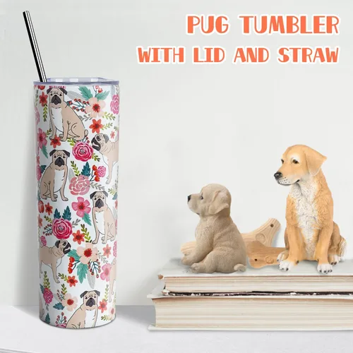 Miniatura 7 de Vaso de viaje aislado de acero inoxidable de 20 onzas, diseño de pug con tapa y popote X-DOG-95