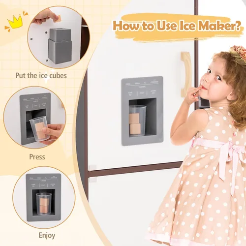 Miniatura 8 de Costzon Juego de cocina esquinera para niños, cocina de madera con sonidos y luces, lavadora, máquina de hielo, microondas, horno, fregadero