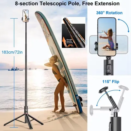 Miniatura 6 de Palo selfie de 72 pulgadas, trípode todo en 1, kit de video con control remoto inalámbrico integrado, portátil, ligero, trípode extensible
