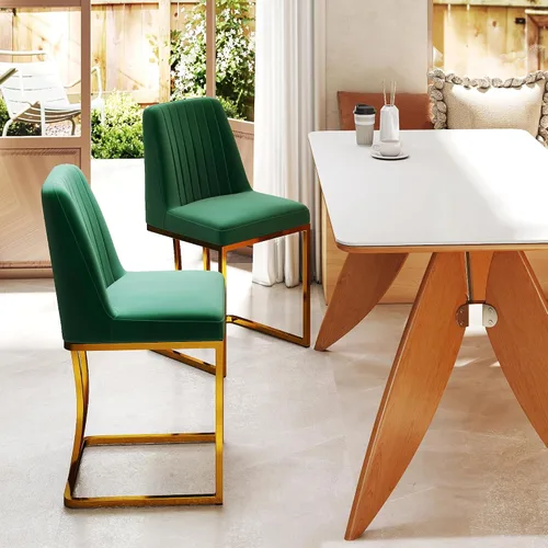 Miniatura 6 de LSSBOUGHT Juego de 2 sillas de comedor tapizadas de terciopelo, sillas acolchadas modernas de mediados de siglo con marco de metal dorado para Verde