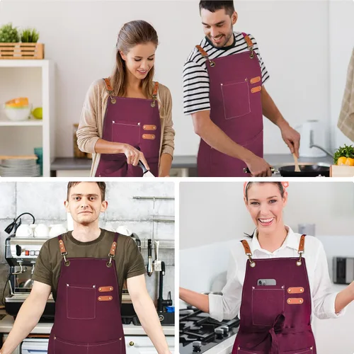 Miniatura 6 de OUNLEN Delantal de Chef para Hombres y Mujeres de Lona con 3 Bolsillos, Delantal Resistente de Trabajo con Espalda Cruzada para Cocinar Rojo arándano
