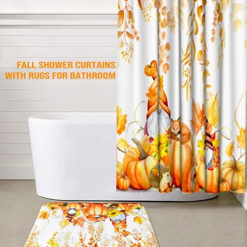 Miniatura 2 de Lutto Cortina de ducha de otoño para baño, juego de baño de otoño con cortina de ducha y alfombras, cortinas de ducha de calabaza de Acción