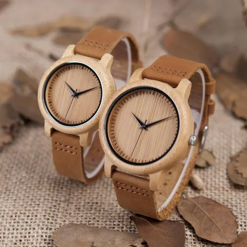 Miniatura 16 de BOBO BIRD Reloj de madera de bambú para hombre y mujer con correa de cuero de vaca marrón, relojes casuales de cuarzo analógico