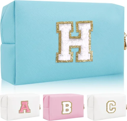 Miniatura 26 de Bolsa de maquillaje con parche de letra inicial personalizada, bolsa de cosméticos de chenilla preppy con letra de chenilla con cremallera, Y