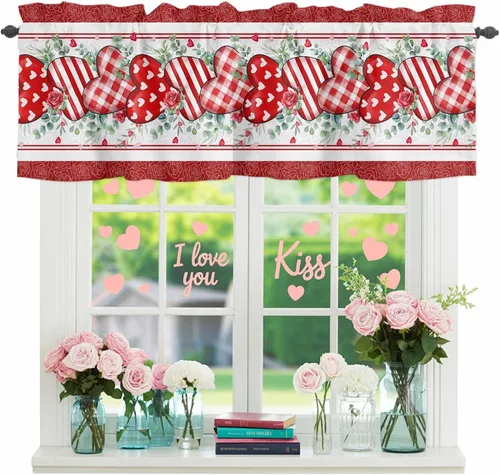 Miniatura 14 de Cenefa floral para ventanas, cortinas de clavel rojo y rosa, cenefas con bolsillo para barra, cenefa de ventana para primavera, vacaciones, día