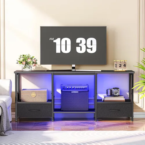 Miniatura 3 de HOOBRO Soporte de TV LED con almacenamiento, centro de entretenimiento LED con estantes abiertos y cajón, se adapta a televisores de hasta 55 Negro
