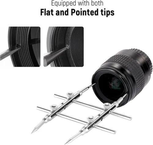 Miniatura 4 de NEEWER Llave de anillo de lente de acero inoxidable, herramienta profesional de doble cara curva con puntas planas/puntiagudas para quitar lentes