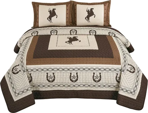 Miniatura 2 de Sapphire Home Juego de colcha de lujo de 3 piezas, colección Western Design, Wild Horse Country, herradura, estrella, vaquero, azul suroeste, diseño