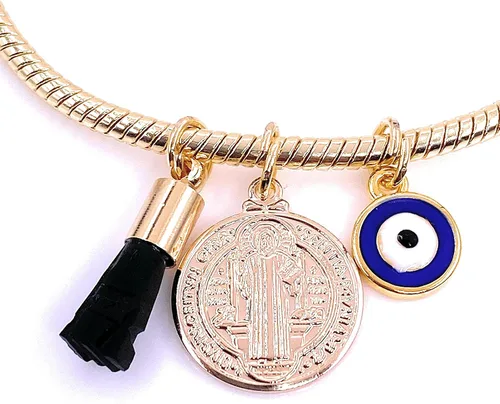 Miniatura 2 de LESLIE BOULES Pulsera de San Benito para mujer con dije de mal de ojo y piedra de azabache auténtica, Latón