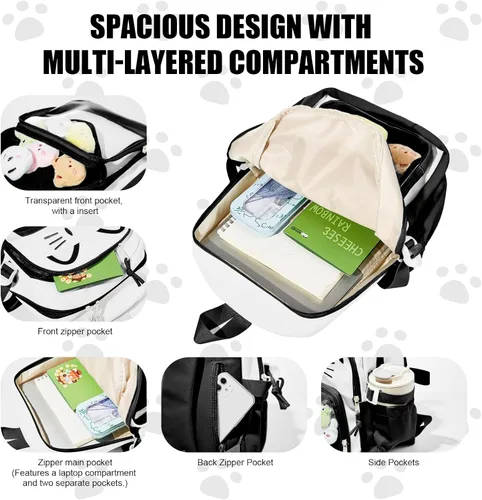 Miniatura 3 de Bolsa Kawaii Cat Ita, bolso con pines, bolsa con inserto, para uso diario y cosplay, nailon, Negro-blanco, Pequeño, Kawaii