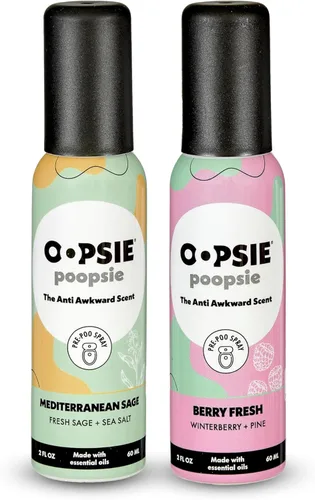 Oopsie Poopsie Aerosol para inodoro, artículos esenciales de viaje, cada uno hasta 300 usos, desodorante de olor de baño con aceites esenciales,