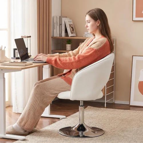 Miniatura 4 de Furnimart Silla de Tocador de Cuero Blanco, Taburete de Tocador con Altura Ajustable, Silla Giratoria con Respaldo, Silla Redonda de Maquillaje