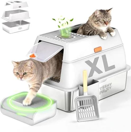 Miniatura 12 de Caja de arena XL de acero inoxidable para gatos con recinto y recogedor de excrementos, caja de arena duradera de metal negro para gatos grandes