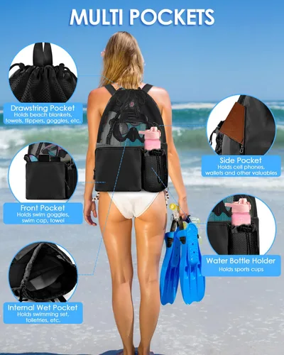 Miniatura 3 de BROTOU Mochila de playa para natación con bolsillo húmedo de malla y cordón, bolsas para nadar, gimnasio Negro