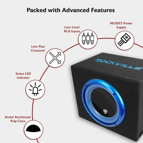 Miniatura 3 de Rockville RVB10.1A Subwoofer activo para automóvil de 10 pulgadas y 500 W con gabinete, amplificador de clase AB integrado, refuerzo de graves